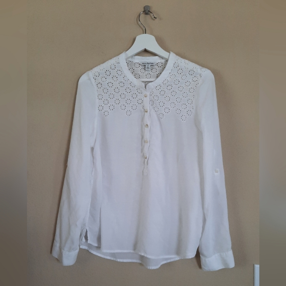 American Eagle White Eyelet Button-Up Blouse Semi Sheer Coastal Cottagecore